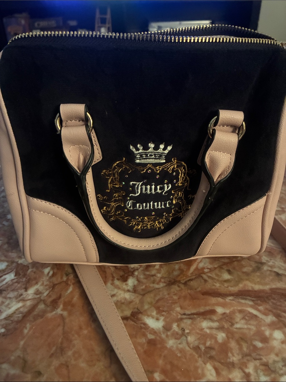Juicy Couture Black Velvet Satchel with Blush Pink Trim - Picture 1 of 1